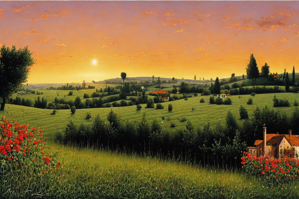 Picturesque Tuscan Landscape: Sunset, Rolling Hills, Vineyards, Cypress Trees