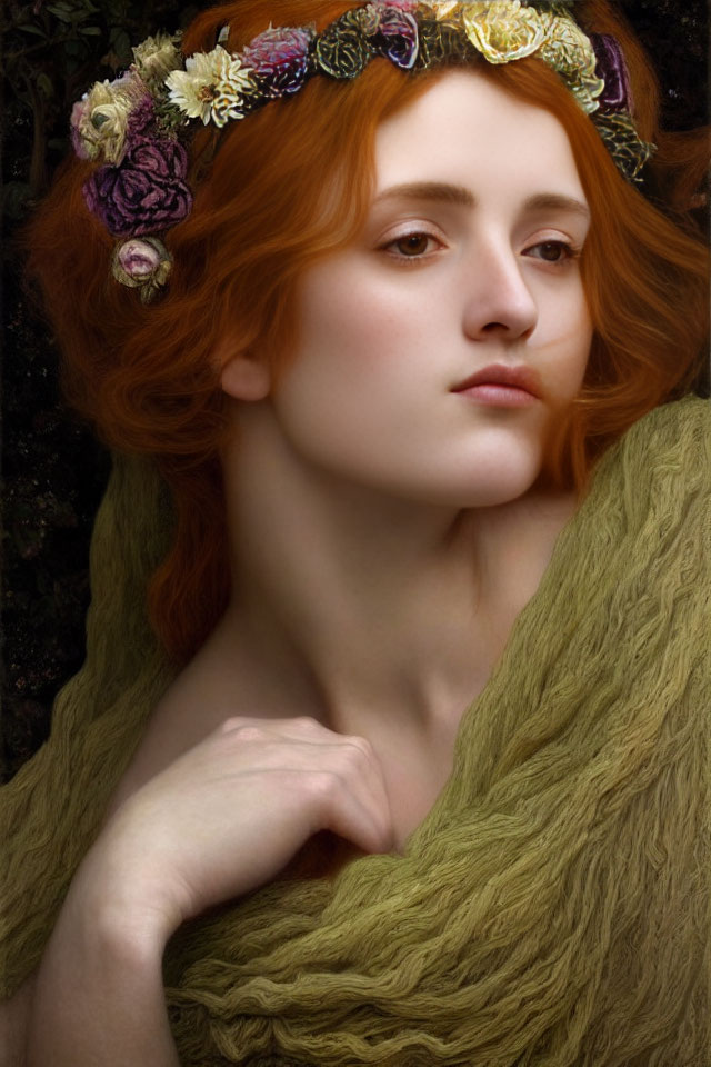 Red-haired woman in floral headpiece and ochre wrap against dark background