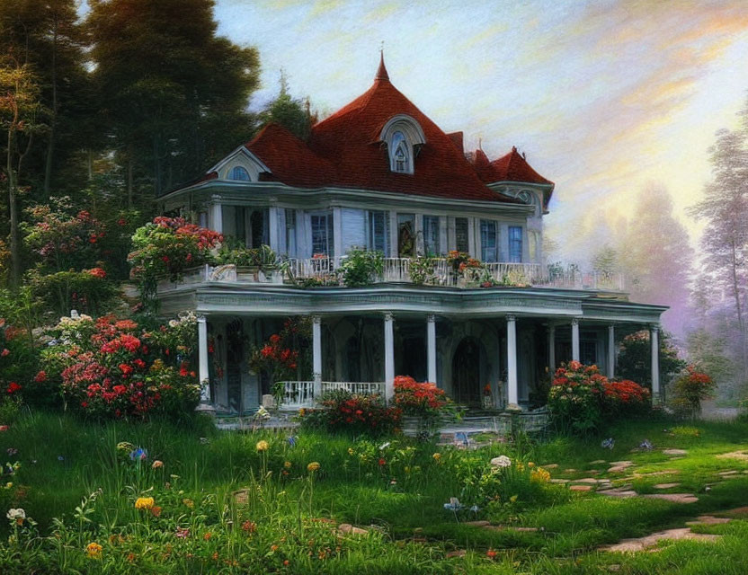 Victorian-style house in lush garden at dusk with blooming flowers