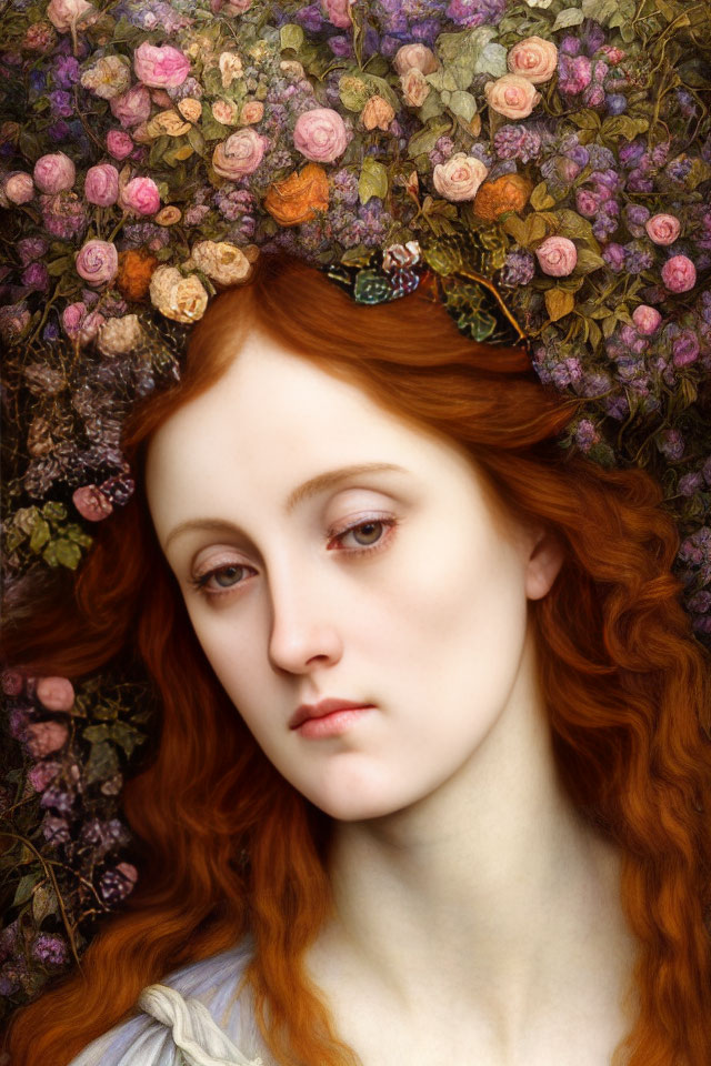 Portrait of Woman with Long Red Hair and Flower Crown