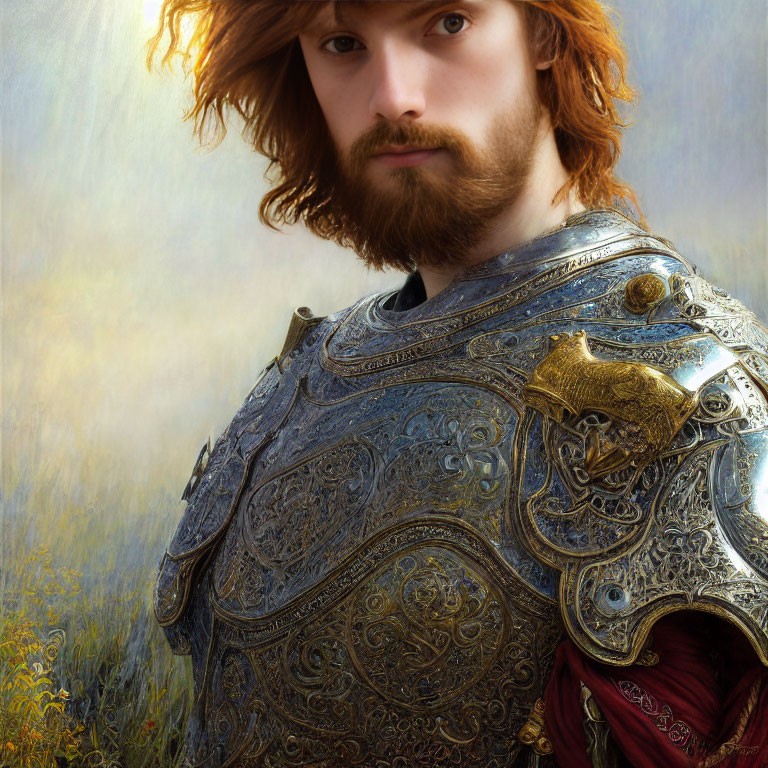 Bearded young man in ornate medieval armor gazes intensely.