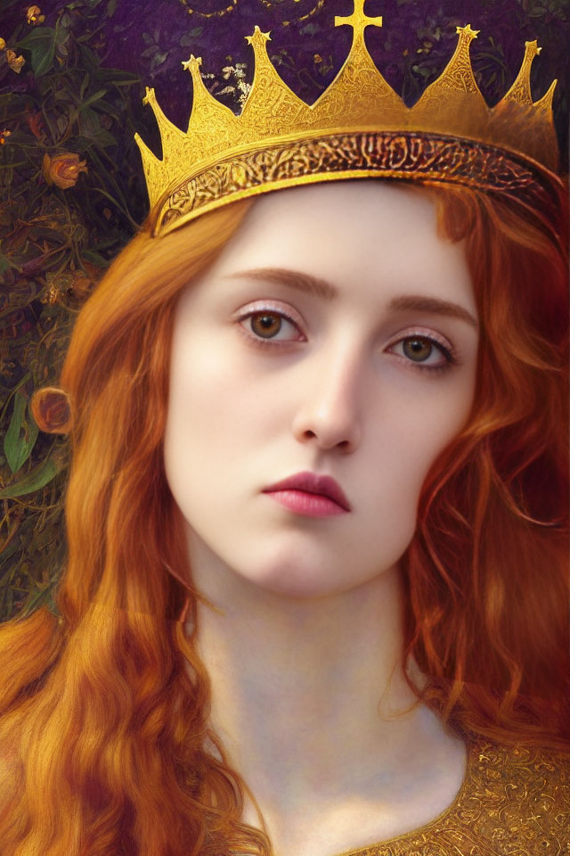 Portrait of Woman with Long Red Hair and Golden Crown in Intense Gaze, Surrounded by Floral