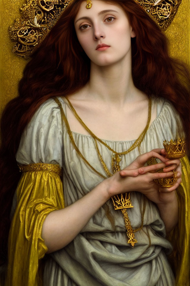 Red-haired woman in vintage attire holding a golden crown