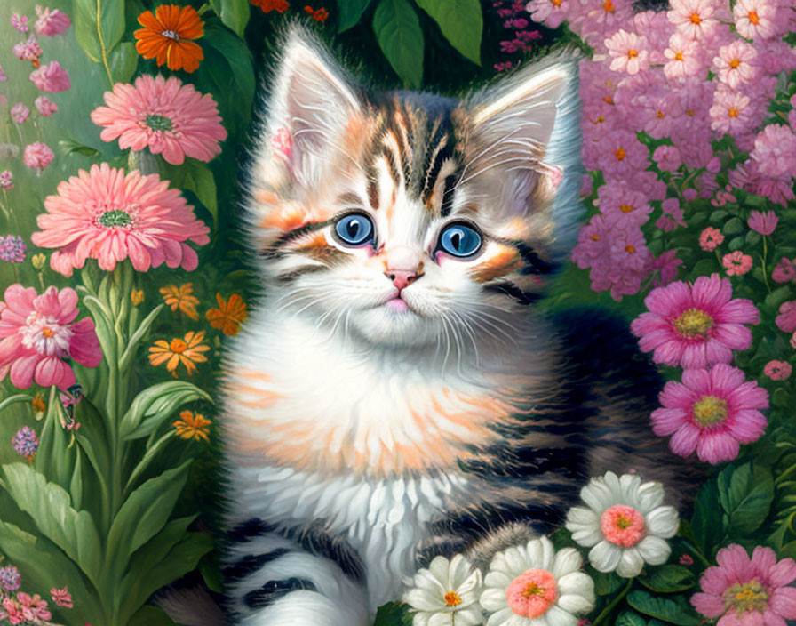 Fluffy Kitten with Blue Eyes Surrounded by Pink and White Flowers