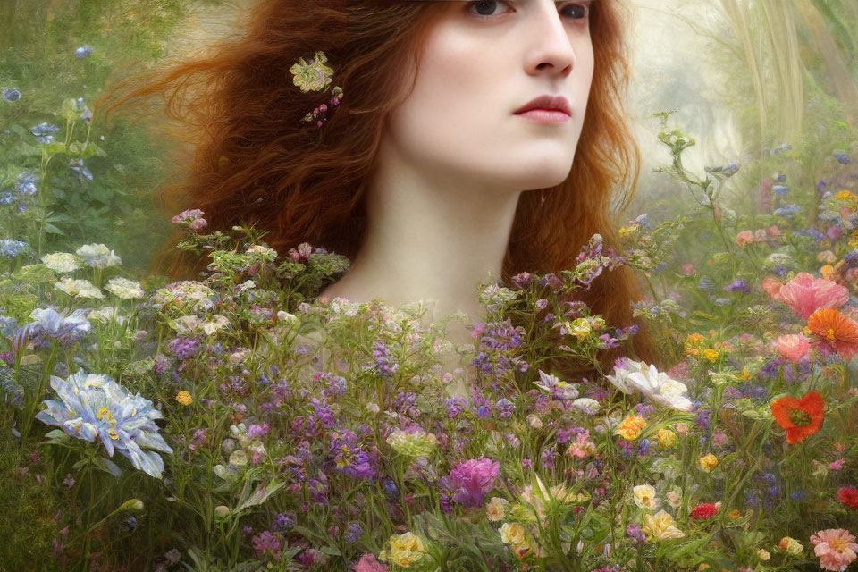 Fiery red-haired woman surrounded by delicate wildflowers