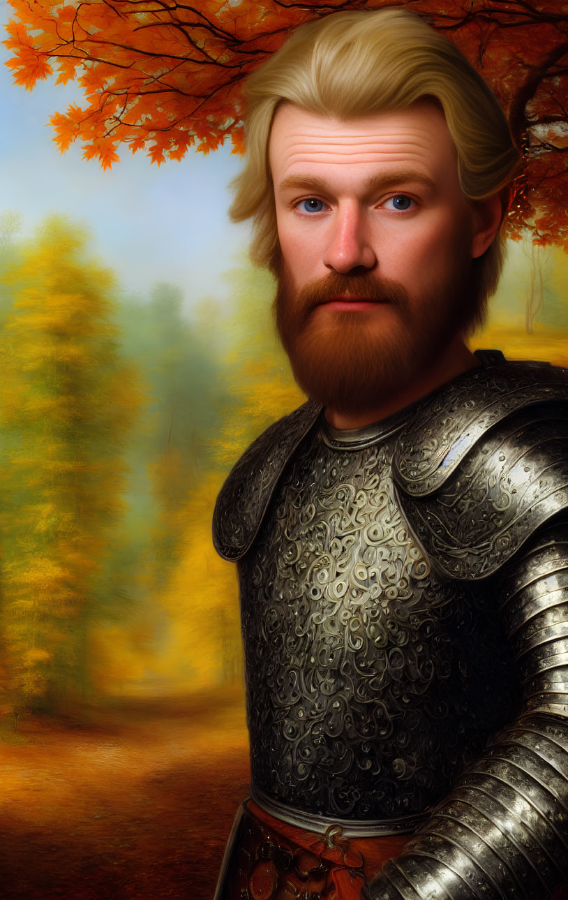 Bearded knight in ornate armor against autumn forest.