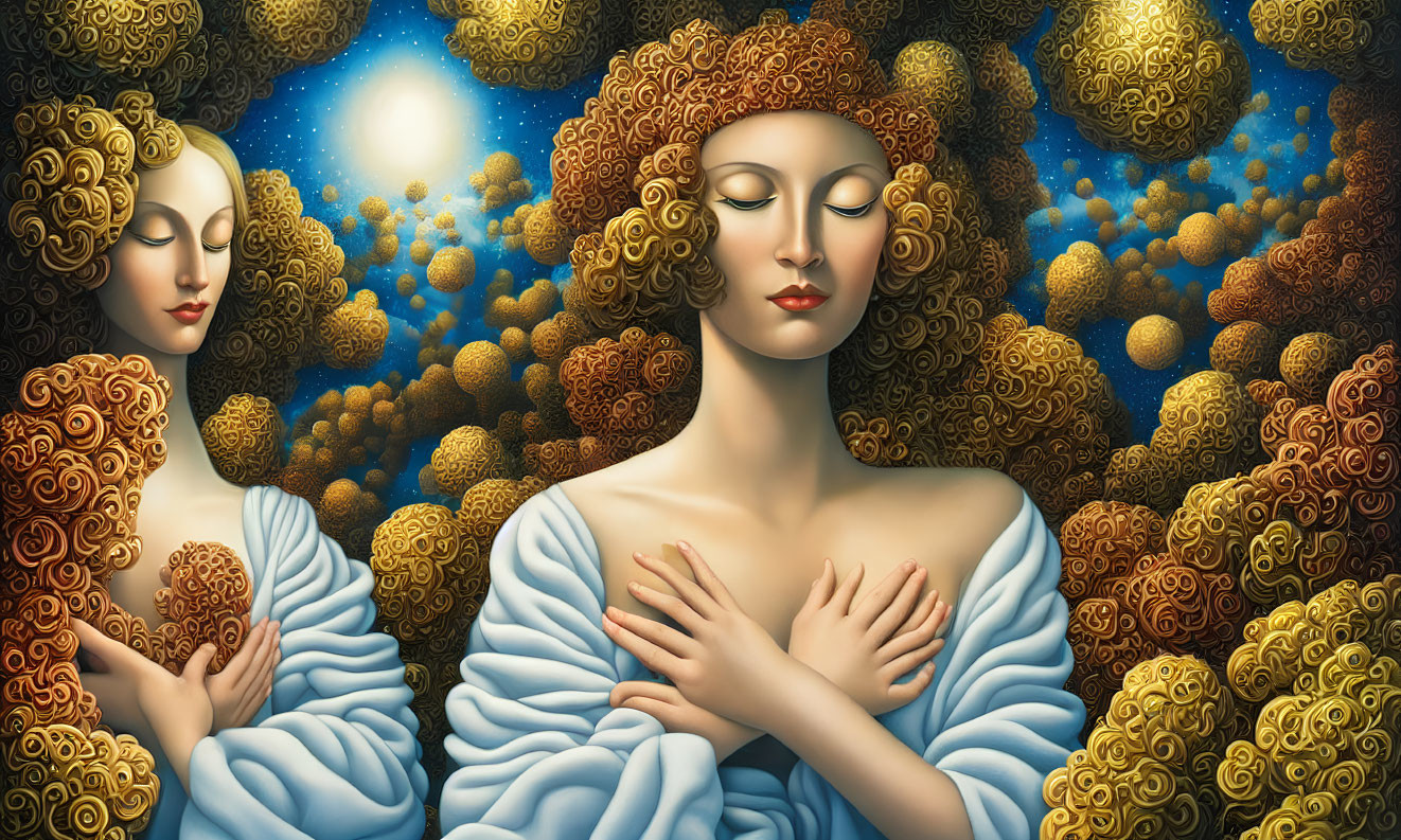 Surreal artwork of two women with curly hair in golden spheres under starry sky