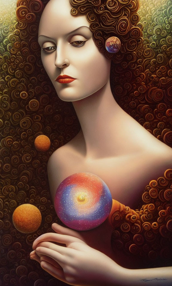 Stylized portrait of woman with ornate hair and cosmic sphere in warm hues