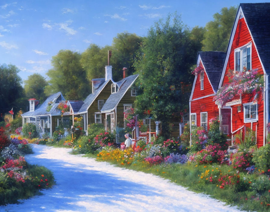 Charming cottages with colorful flowers in pastoral setting