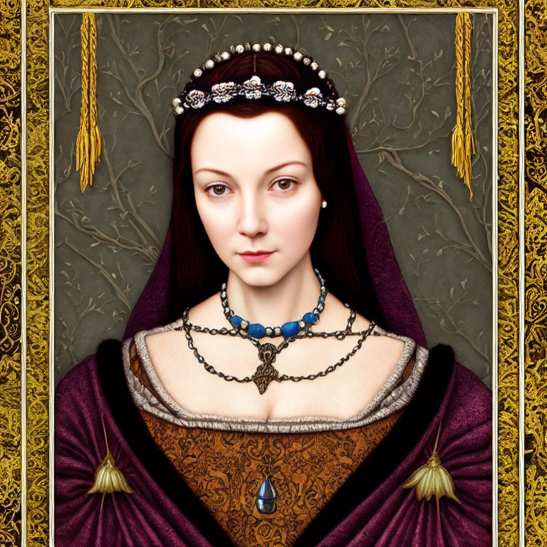 Regal woman portrait in purple gown and bejeweled headpiece