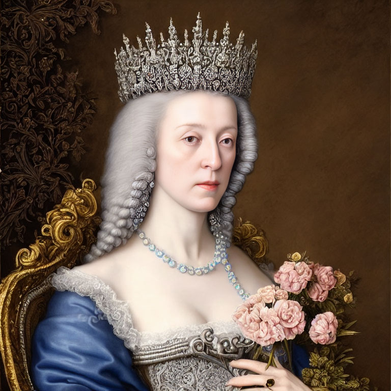 Regal woman portrait with crown in blue dress and pink roses against floral backdrop