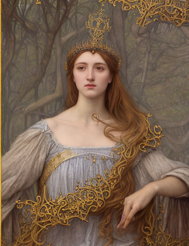 Regal woman with golden crown in misty forest wearing gray gown