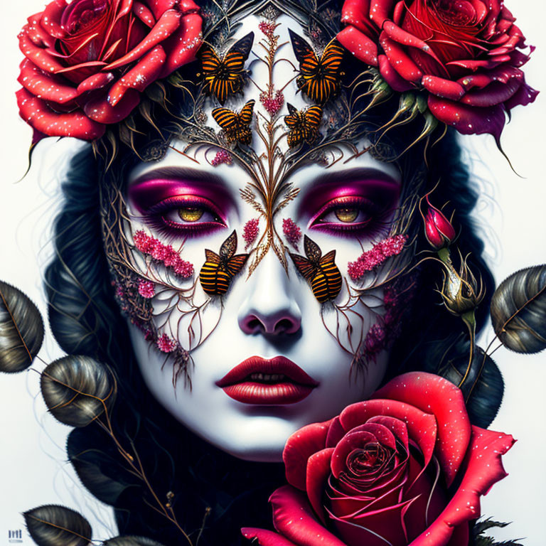 Woman with Floral and Butterfly Makeup, Red Roses, and Intense Eyes