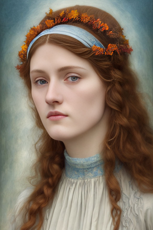 Vintage-dressed woman with auburn hair and floral headband on blue background