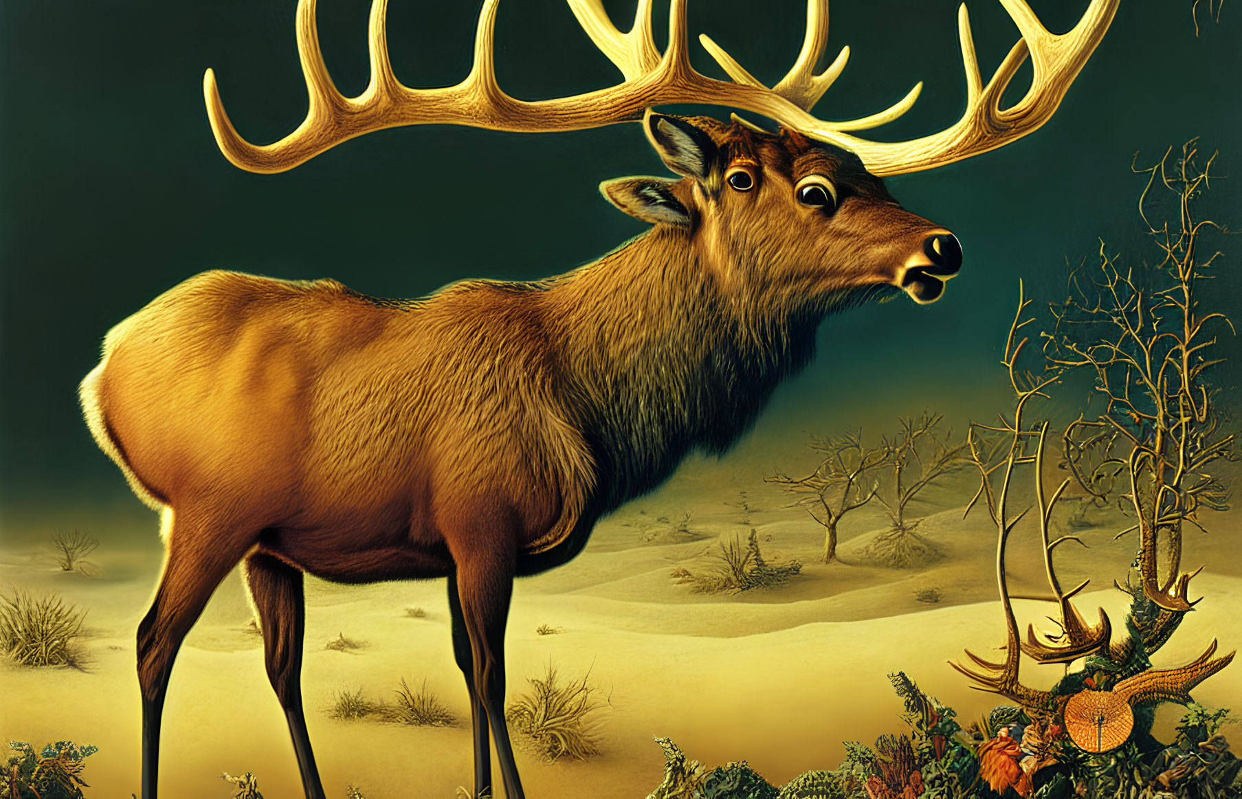 Majestic stag with sprawling antlers in surreal desert landscape