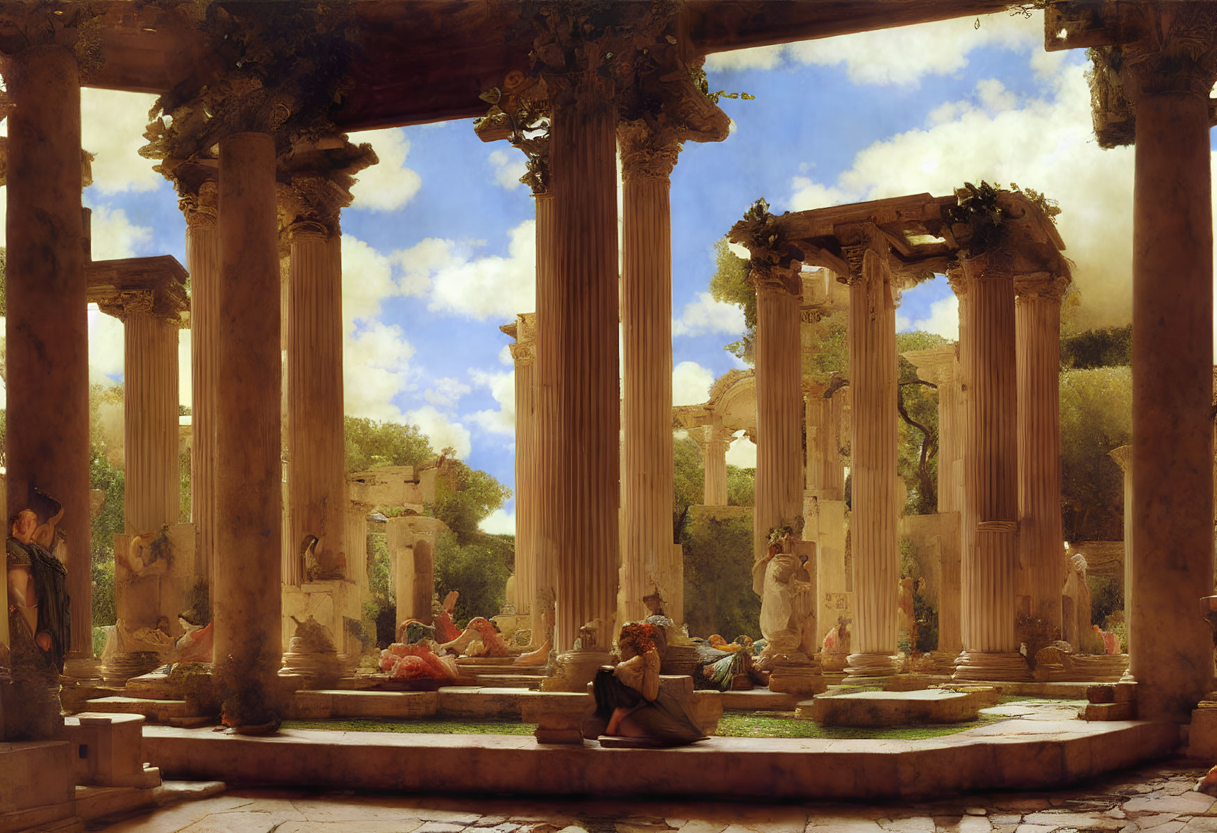 Ancient Roman-inspired scene with Corinthian columns and people in classical attire conversing around a fountain.