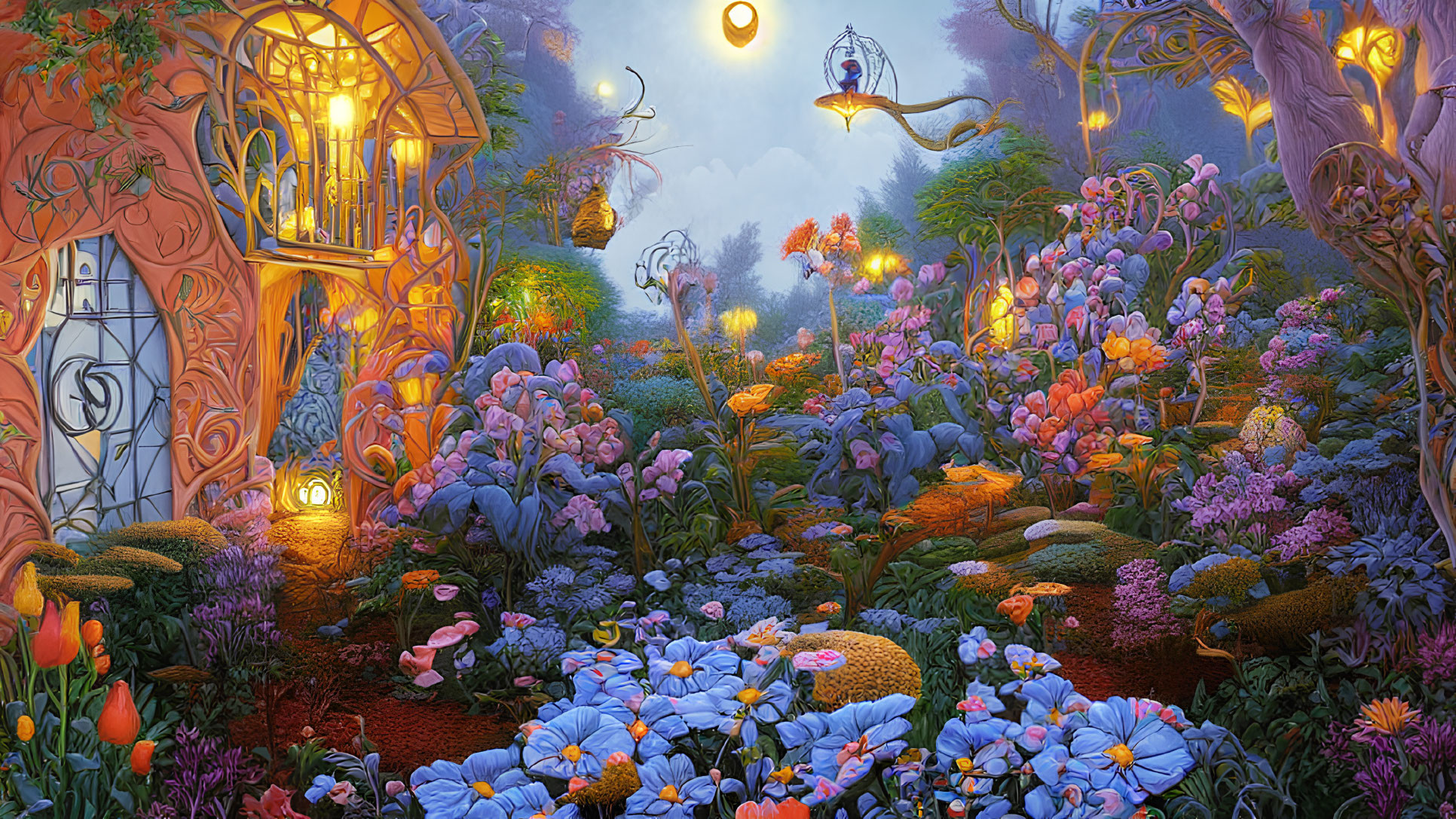 Twilight garden scene with vibrant flowers, whimsical lights, and crescent moon above ornate doorway