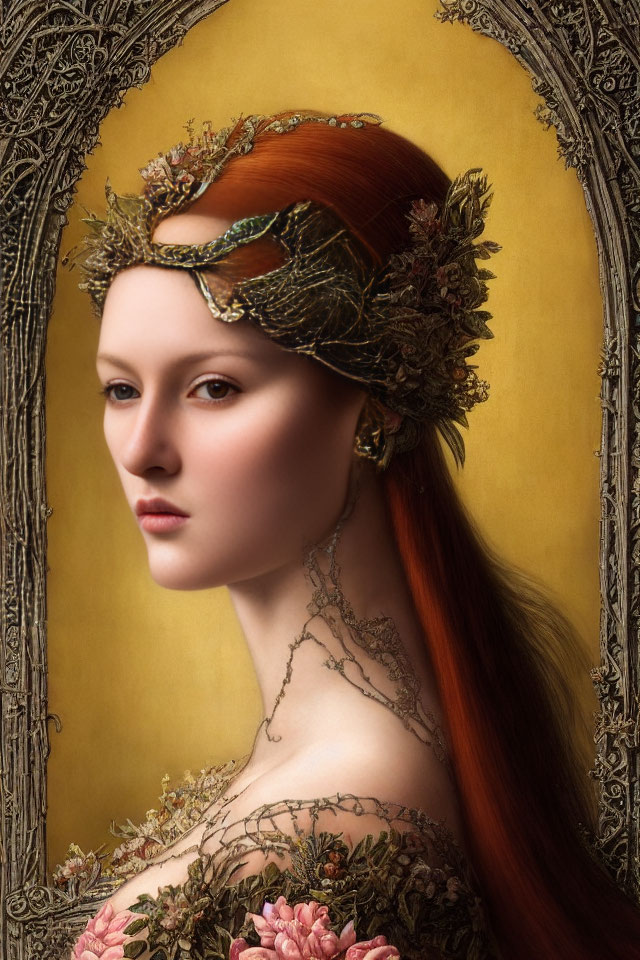 Portrait of Woman with Red Hair and Golden Floral Headpiece on Yellow Backdrop in Ornate Arch Frame