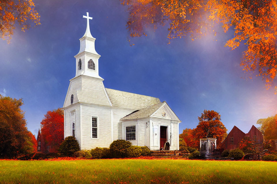 White Church with Steeple Surrounded by Autumn Trees