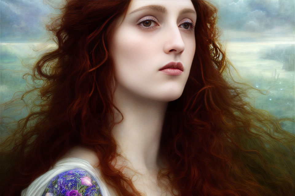 Portrait of woman with flowing red hair in misty landscape