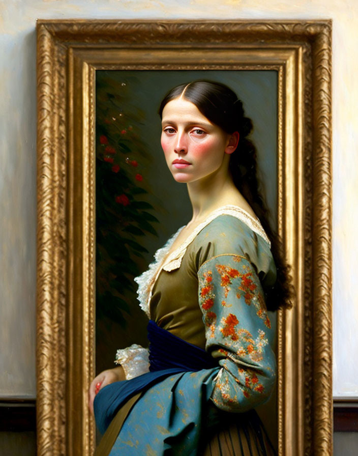 Classic Oil Painting: Woman in Green Dress with Floral Accents