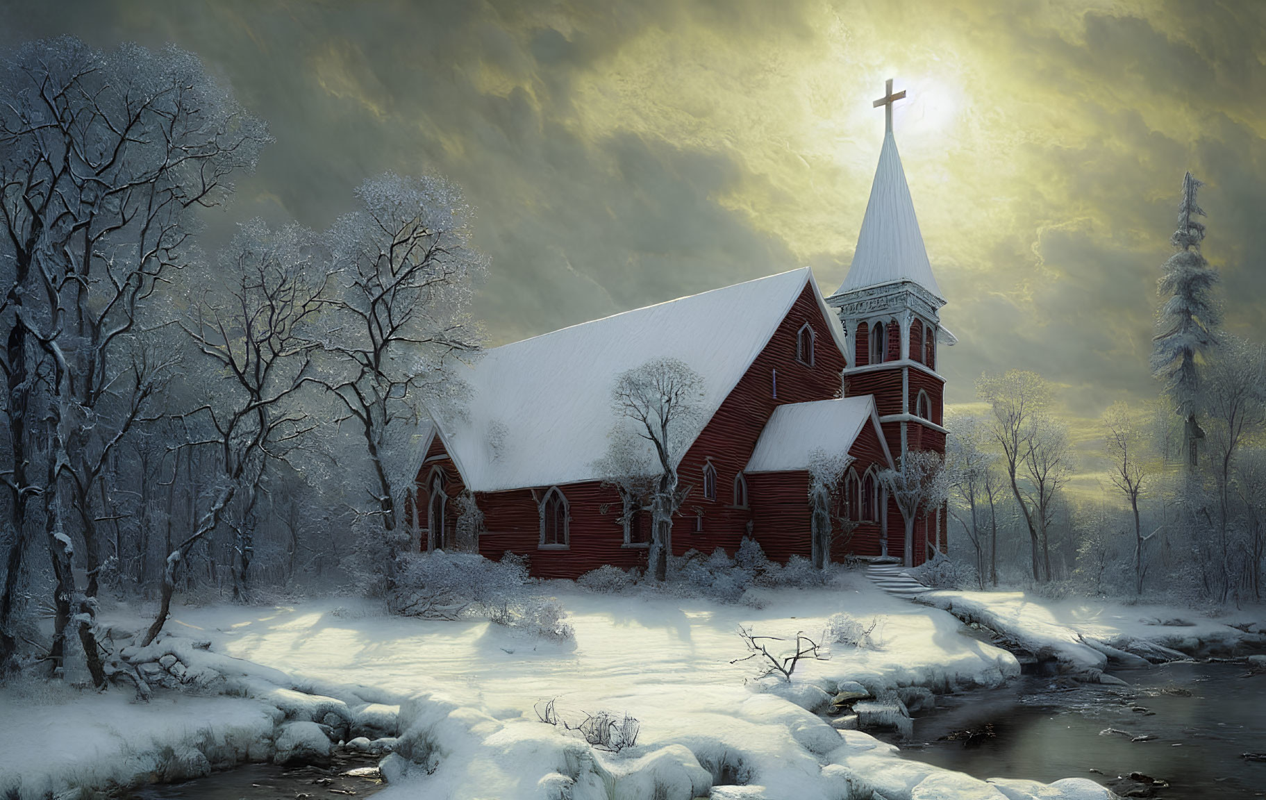 Winter Scene: Snowy Landscape with Red Church, Sun, Trees, and Frozen Creek