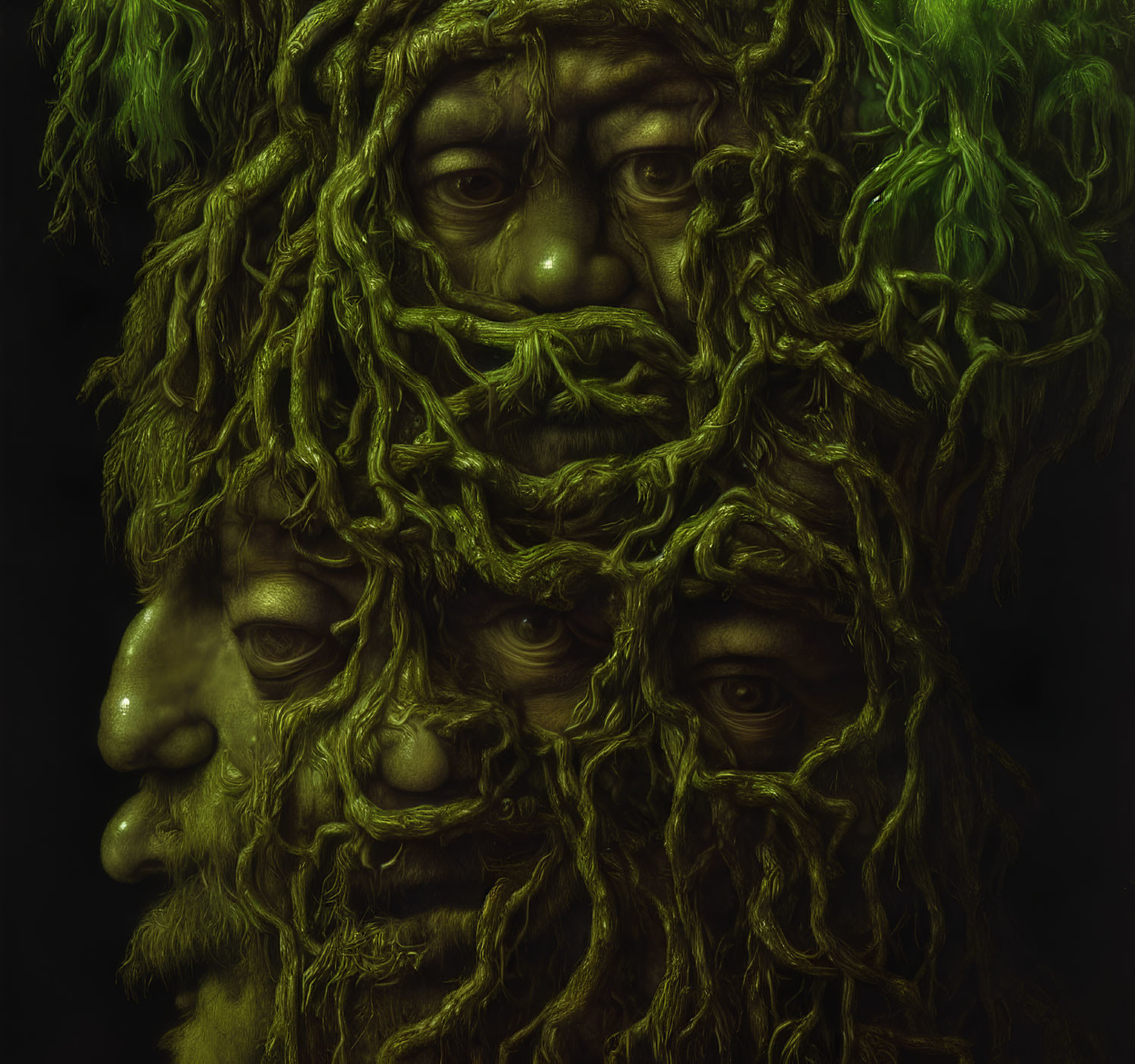 Mystical dark mossy faces on black background