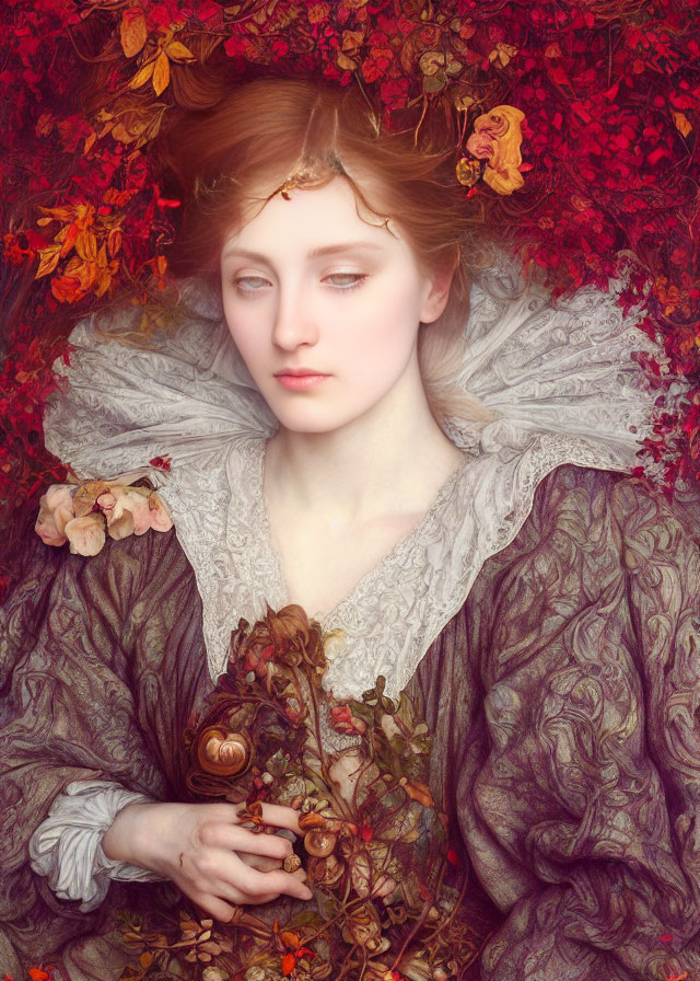 Pale-skinned woman with red hair in vintage dress among autumnal flowers