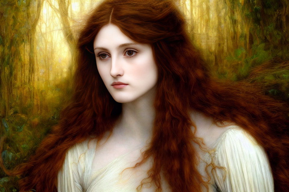 Woman with Long Red Hair in Pre-Raphaelite Style Portrait