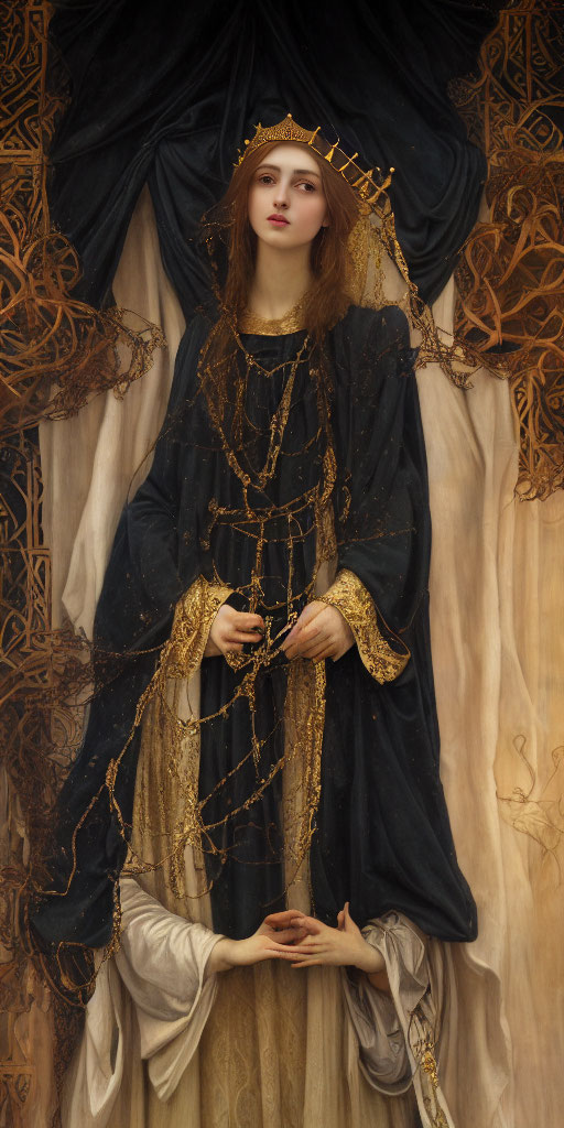 Medieval-style woman in blue and gold dress holding golden thread