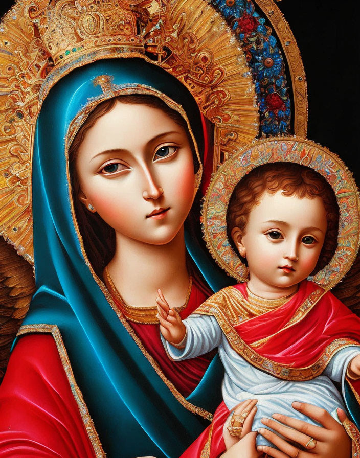 Detailed painting of Virgin Mary and Baby Jesus with golden halos and intricate clothing on dark background