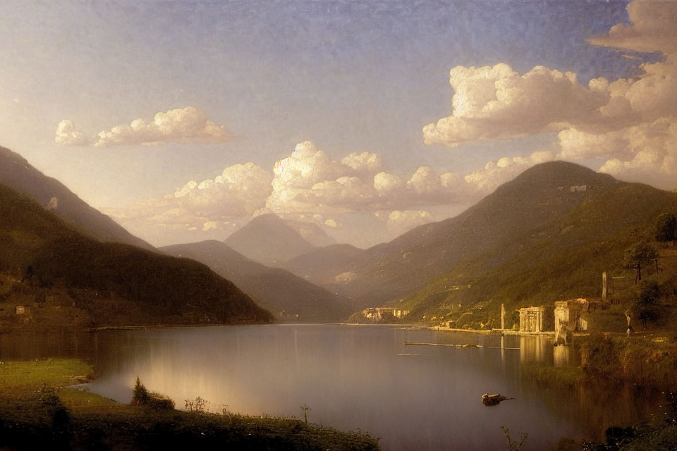 Scenic lake sunset with mountains, boat, clouds, and ruins in warm tones