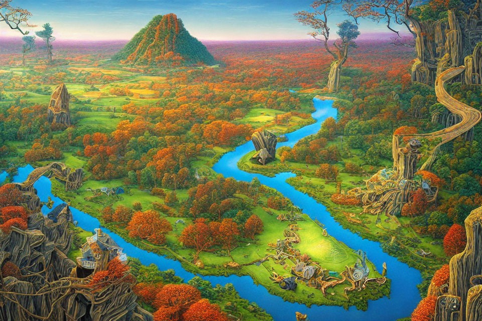 Colorful fantasy landscape with river, autumn trees, cliffs, and whimsical structures