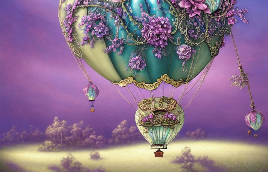 Fantasy hot air balloon with purple flowers and gold filigree above misty lavender forest