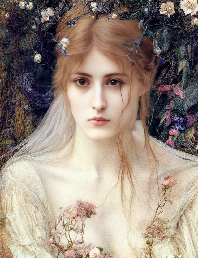 Ethereal woman with floral crown in intricate painting