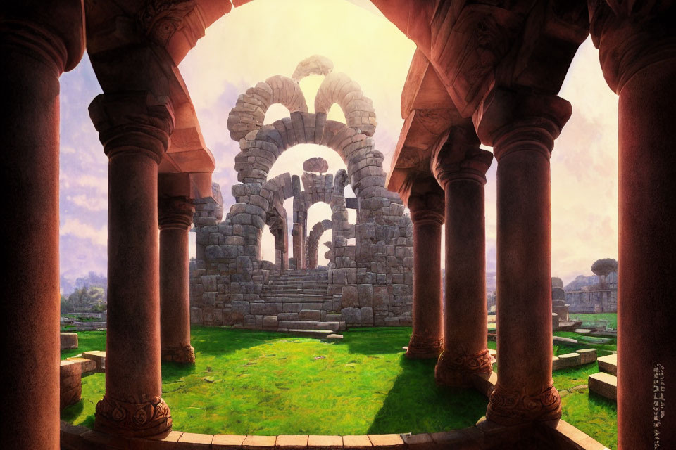 Digital painting of mystical ancient ruin with arches and columns in warm sunlight surrounded by lush greenery.