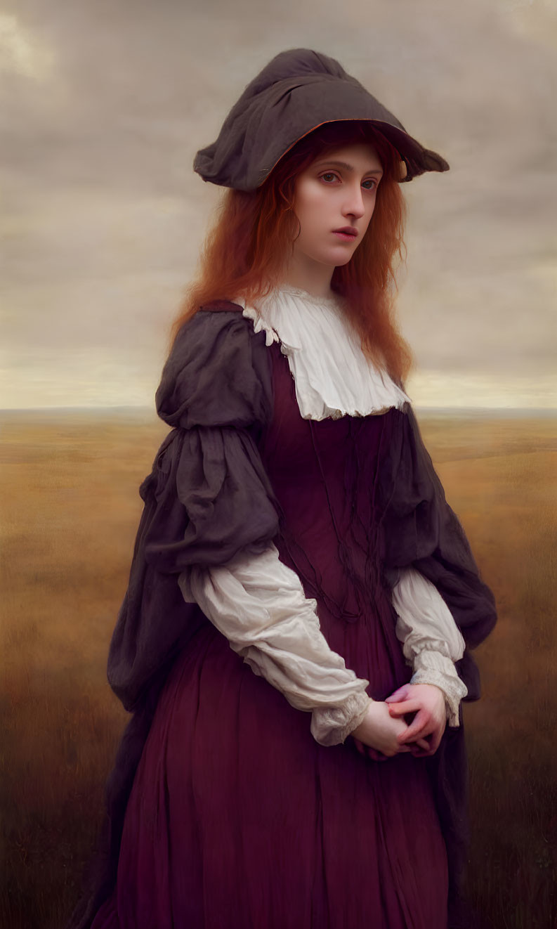 Red-haired woman in historical attire with purple dress and hat in overcast field.