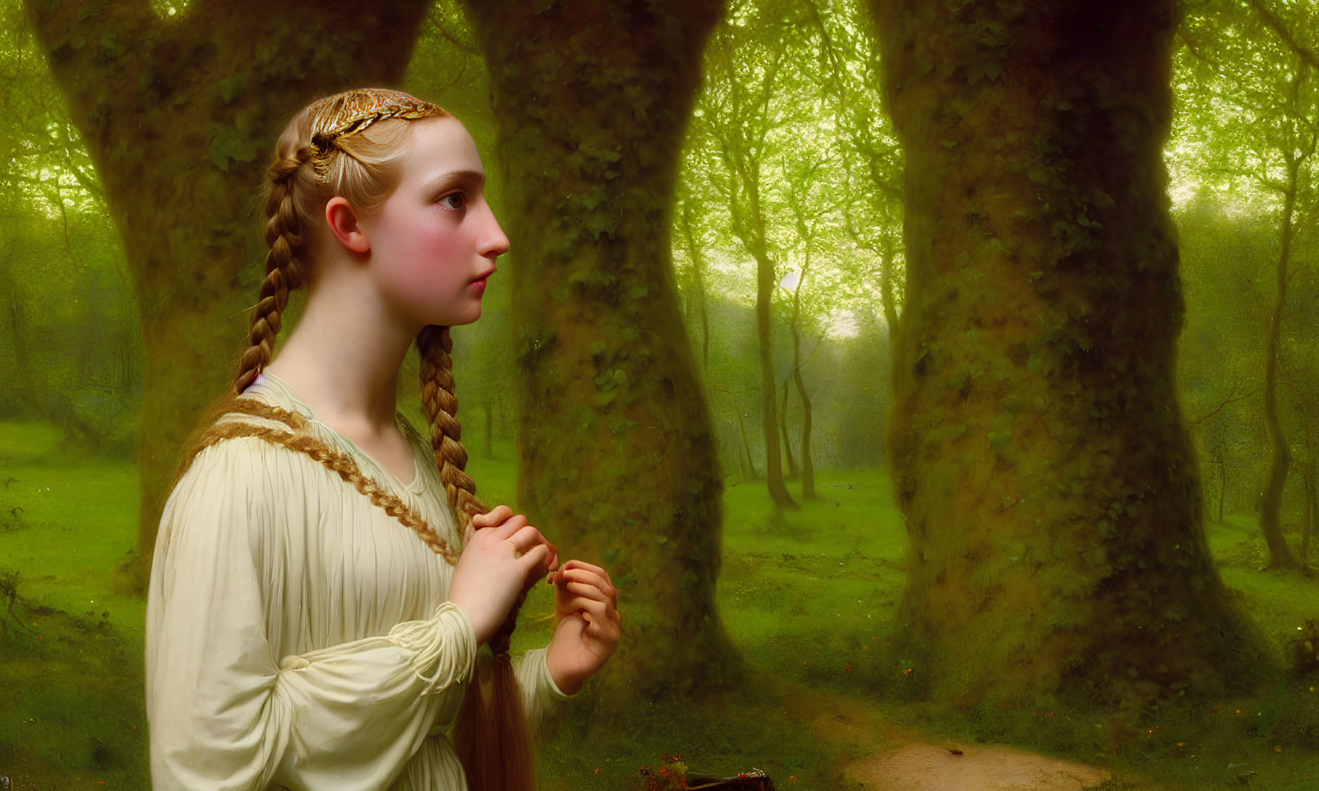 Young woman in historical attire with braided hair standing in mystical forest