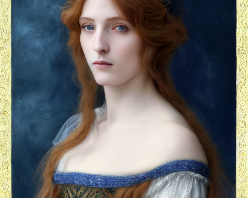 Red-haired woman in medieval dress with blue and gold headpiece on ornate blue background