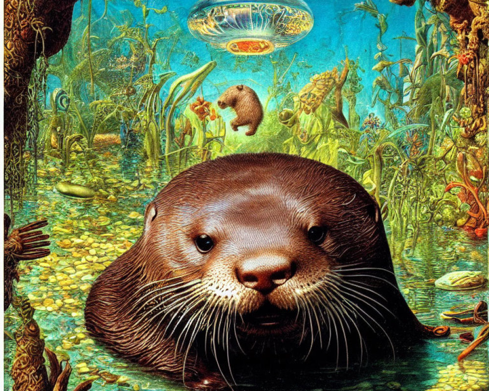 Detailed Underwater Scene with Otter, Fish, Plants, and Squirrel