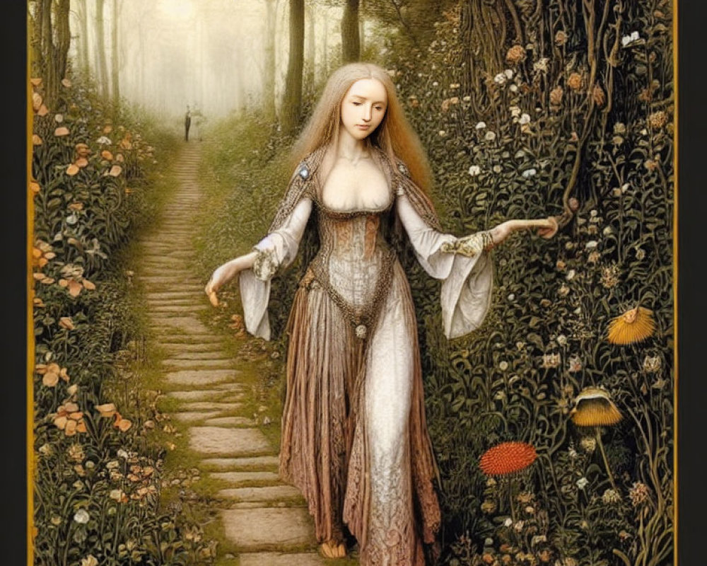 Medieval woman in flowing attire on forest path with mushrooms