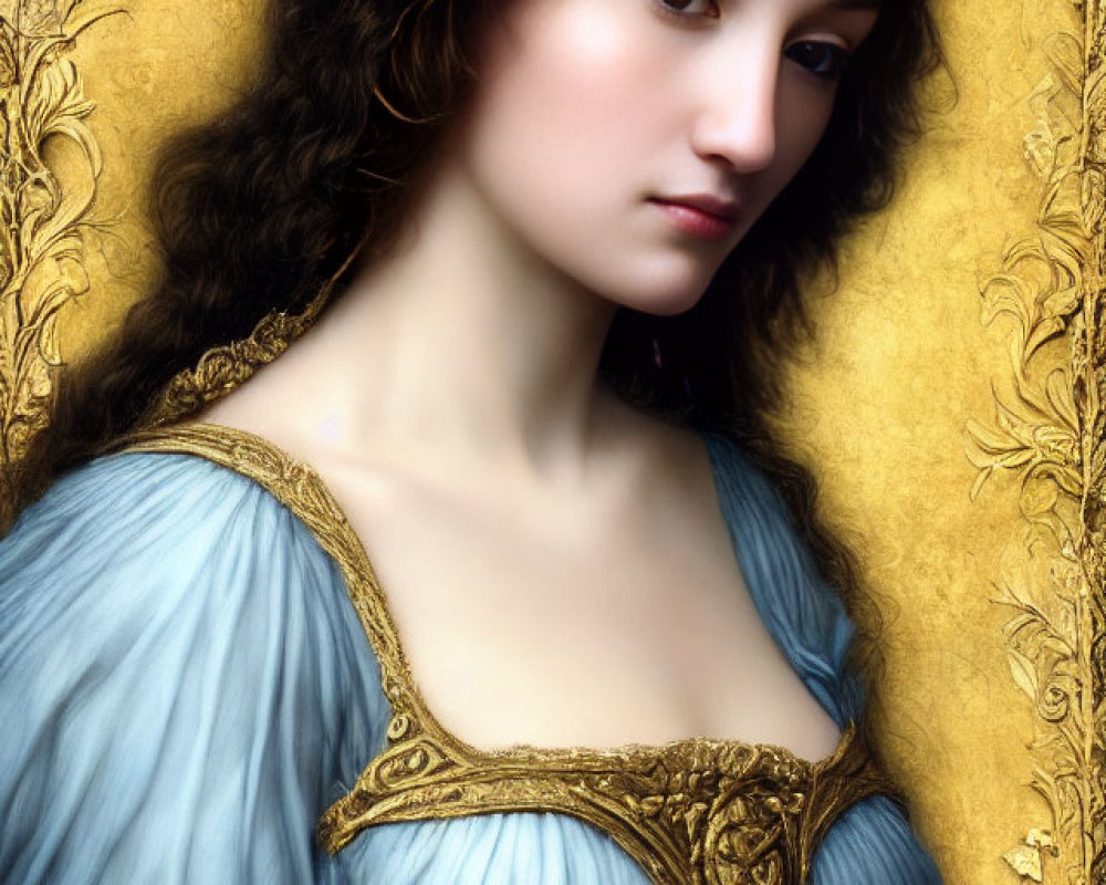 Young woman portrait with brown hair, blue dress, and gold headband on ornate golden backdrop