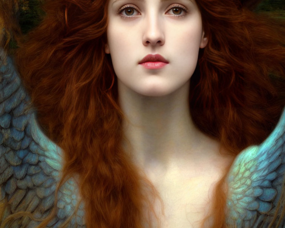 Portrait of woman with red hair, fair skin, and blue wings