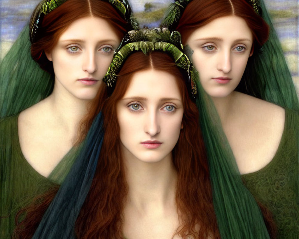 Three women with red hair, green veils, ornate crowns against blue backdrop