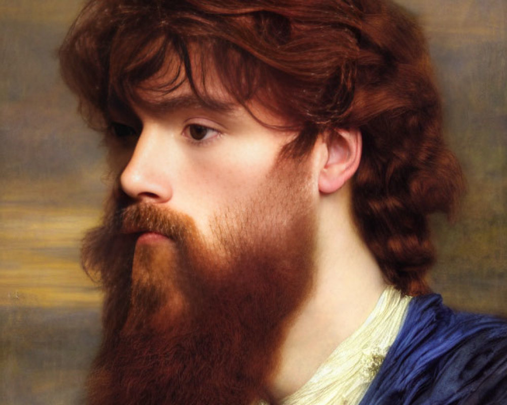 Man with Long Auburn Hair and Beard in Classical Blue Clothing Portrait