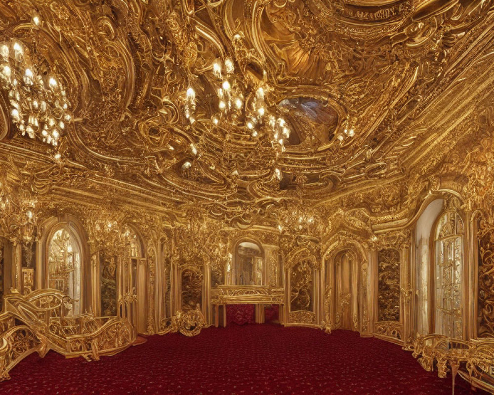 Luxurious Baroque Golden Room with Chandeliers and Red Carpet