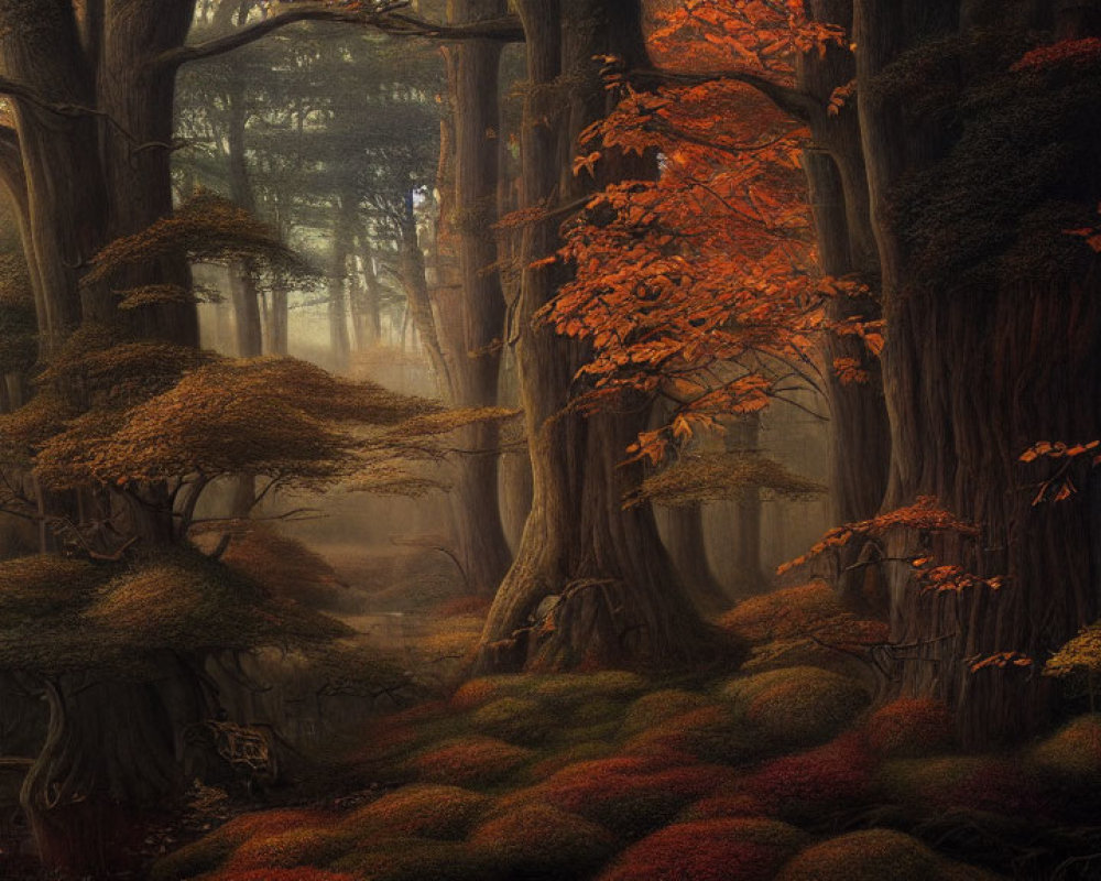 Mystical forest with ancient trees and colorful underbrush