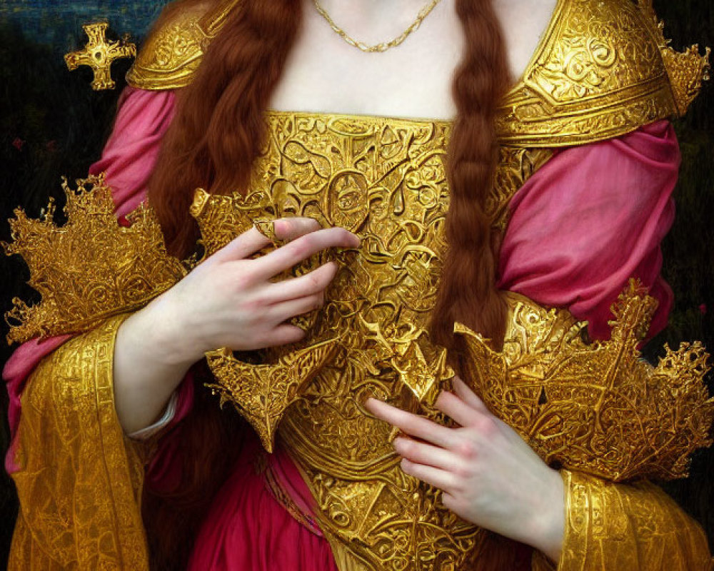 Medieval woman with red hair in golden embroidered attire.