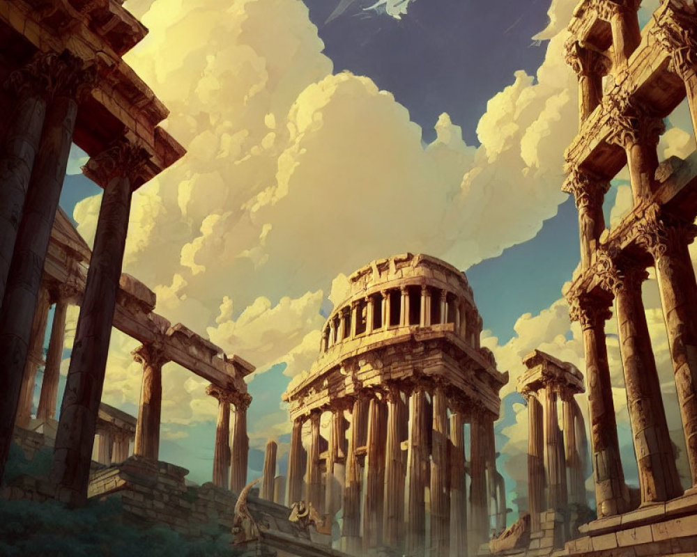 Ancient Greek-style ruins with towering columns and central rotunda under blue sky.