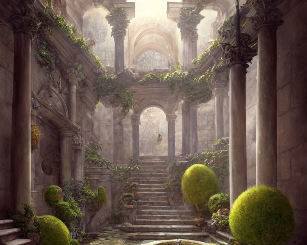 Sunlit ancient ruin with fountain, vines, and topiary bushes